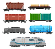 Train Freight Wagons, Cargo Box Car Containers, Vector Rail Locomotive. Train Freight Wagons And Boxcar, Railroad Goods Shipping Flatbed, And Railway Carriage With Coal, Timber And Petrol Tank Cistern