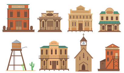 Variety of old houses for western town flat item set. Cartoon traditional wild west wooden buildings isolated vector illustration collection. Architecture and accommodation concept