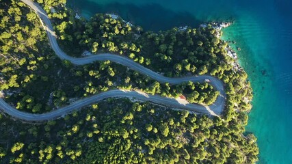 Canvas Print - Aerial drone top down video of curvy snake road crossing through vegetated tropical forest by the sea