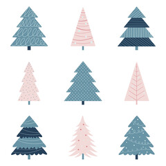  Set of multi-colored Christmas trees on white background.