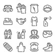 Ppe line icons. Medical covid-19 protection equipments. Outline doctor gown, face mask and shield, hair cover, apron and goggles. Vector set equipment to care and sanitizing illustration