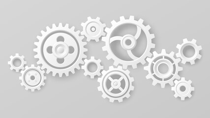 Gear wheels. Realistic 3d white cogs and gears mechanism. Teamwork cooperation machine symbolism. Engineering and technology vector. Cooperation and connection, technical equipment