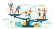© Tartila - Employees balance scales. Good and bad business tiny people comparison. Employee or client choose job team. Teamwork success vector concept. Illustration balance professional business