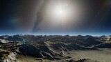 Fototapeta Kosmos - Exoplanet fantastic landscape. Beautiful views of the mountains and sky with unexplored planets. 3D render