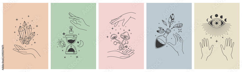 Mystical line hands. Minimalist esoteric moon, crystals, hourglass symbols for tattoo print. Boho astrology hand. Mystic app vector concept. Illustration tattoo boho, witchcraft esoteric banner sketch - obrazy, fototapety, plakaty 