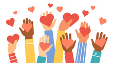 Hands Donate Hearts. Charity, Volunteer And Community Help Symbol With Hand Gives Heart. People Share Love. Valentines Day Vector Concept. Give Sign Red Heart In Hand Illustration