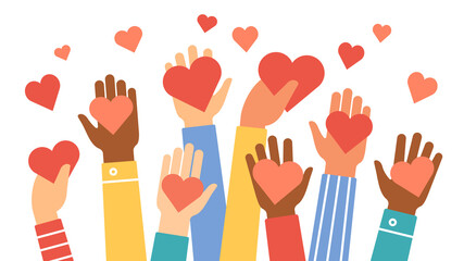 Wall Mural - Hands donate hearts. Charity, volunteer and community help symbol with hand gives heart. People share love. Valentines day vector concept. Give sign red heart in hand illustration