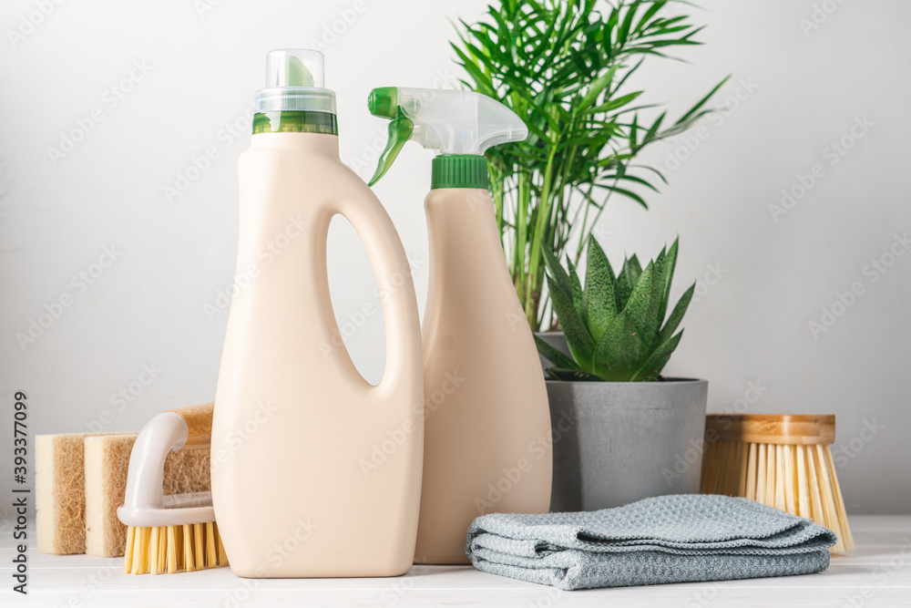 Eco-friendly bottled cleaning products. Reusable brushes and home green plants. Green life concept - obrazy, fototapety, plakaty 