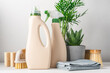 canvas print picture - Eco-friendly bottled cleaning products. Reusable brushes and home green plants. Green life concept