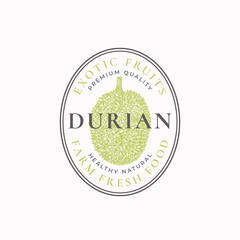 Wall Mural - durian oval frame badge or logo template. hand drawn fruits sketch with retro typography and borders