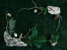 Stylish New Year And Christmas Composition On A Burlap Background, Colors - Green, White. Flat Lay, Copy Space, Top View