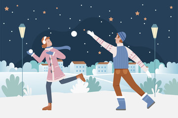 Wall Mural - Couple people play snowballs at night on Christmas eve vector illustration. Cartoon happy man woman characters playing snowballs winter games, running in Christmas snow urban landscape background