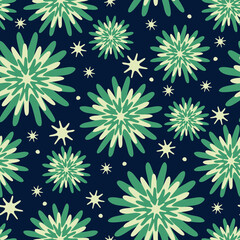 Wall Mural - Seamless vector pattern with starbursts on blue background. Christmas floral texture wallpaper design. Winter flower bloom fashion textile.