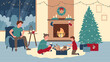 Family people at home in Christmas winter holiday vector illustration. Cartoon happy father mother and boy child play with cat in Christmas fireplace room interior with Xmas New Year gifts background