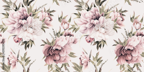 Naklejka - mata magnetyczna na lodówkę Seamless floral pattern with peony flowers on summer background, watercolor illustration. Template design for textiles, interior, clothes, wallpaper