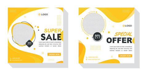 Wall Mural - Editable corporate square sale  banner template. Black and yellow background color with stripe line shape. Suitable for social media post and web internet ads. Vector illustration with photo college.