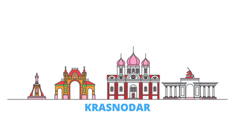 Wall Mural - Russia, Krasnodar cityscape line vector. Travel flat city landmark, oultine illustration, line world icons