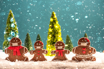 Christmas Greeting Card. Gingerbread Family Wearing Masks with Christmas Tree