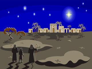 Christmas biblical scene with shepherds standing in historical costumes at night and looking at a star over the city of Bethlehem, palms, figs and stars against the dark sky. Greeting card, banner.