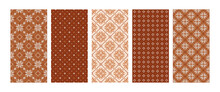 Scandinavian Knitted Seamless Patterns Set. Norwegian Native Style Sweater With Snowflakes And Dots. Wool Texture. Collection Of Winter Holiday Backgrounds In Beige, Brown Colors. Vector Illustration.