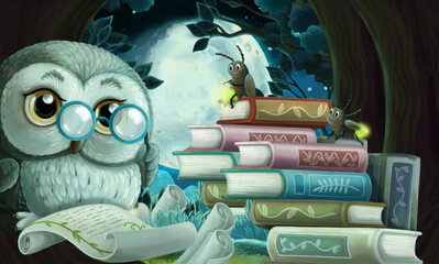 cartoon scene with wise owl in tree house learning reading books illustration