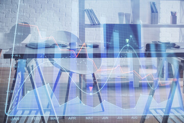 Multi exposure of stock market chart drawing and office interior background. Concept of financial analysis.