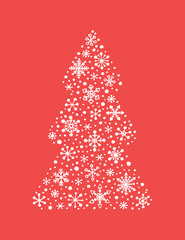 Vector illustration of Christmas tree with hand drawn snowflakes. Silhouette isolated on red background