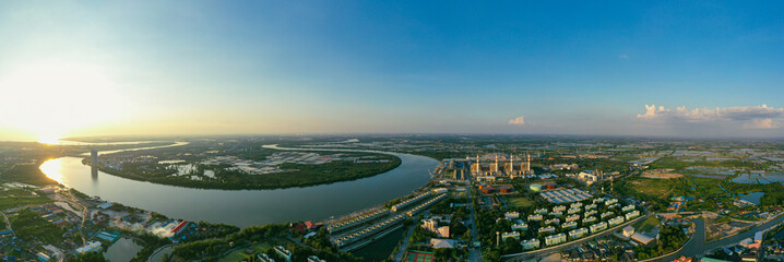 Wall Mural - Panorama aerial view evening time scene of gas power plant. Thermal power plants and fuel oil