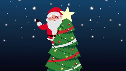 Poster - happy merry christmas animation with santa claus in pine tree