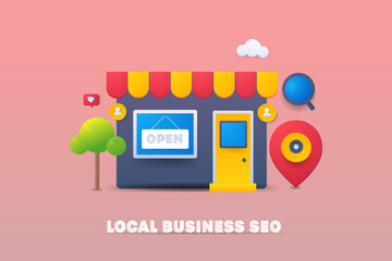 Wall Mural - Search optimization for business, Local business seo, local search marketing , ecommerce store, business map listing concept. 3d style illustration vector web banner.