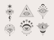 Set Of Mystical Eyes, Sun And Moon Icons In A Trending Minimal Linear Style. Vector Isoteric Illustration For T-shirt Prints, Boho Posters, Cards, Covers, Logo Designs And Tattoos.