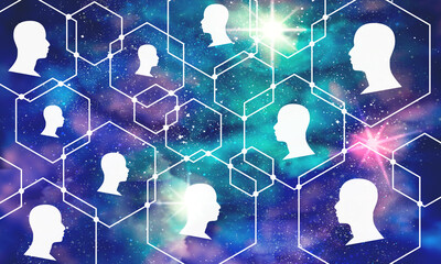 Wall Mural - human communication background. modern brochure or web banner design template. connected hexagons wi