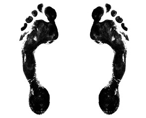 Black human footprint white background isolated closeup, barefoot person foot print pattern illustration, footstep silhouette mark, two bare feet trail painted stamp, ink drawing imprint, sign, symbol