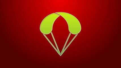 Poster - Green line Parachute icon isolated on red background. Extreme sport. Sport equipment. 4K Video motion graphic animation