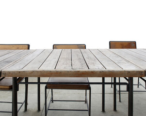 Canvas Print - Empty outdoor old vintage wood table and chair in coffee shop restaurant