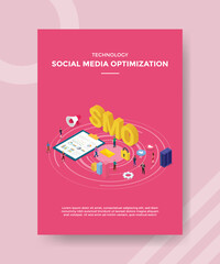 technology social media optimization people standing chart board server SMO text for template of banner and flyer for printing magazine cover