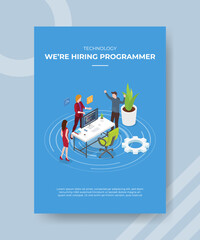 technology were hiring programmer people standing discussion talk front desk for template of banner and flyer for printing magazine cover and poster