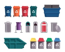 Recycling Garbage Can, Waste Dumpster, Wheelie Trash Bin Set. Different Type Utility And Sorting Street Container, In-house Waste-paper Basket Vector Illustration Isolated On White Background
