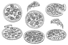 Italian Pizza And Slice Fast Food Menu Sketch. Ink Hand Drawn Pizzeria Fastfood With Mozzarella, Salami, Tomato, Mushroom, Olive, Bacon, Pepperoni Vector Illustration Isolated On White Background