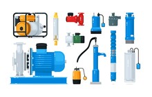 Technical Equipment And Supply For Water Pump System Set. Electric Powered Motor Or Engine, Industrial Pumping Compressor, Sewage Station Appliance Vector Illustration Isolated On White Background