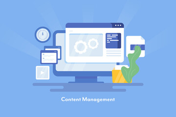 Wall Mural - Content management online, blogging service - cms software technology.  Website content, data, video management web concept. Flat design illustration banner.