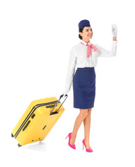 Poster - Beautiful stewardess with luggage on white background