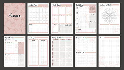 Wall Mural - Vector planner pages templates. Daily, weekly, monthly, project, budjet and meal planners. Pink nude floral design.