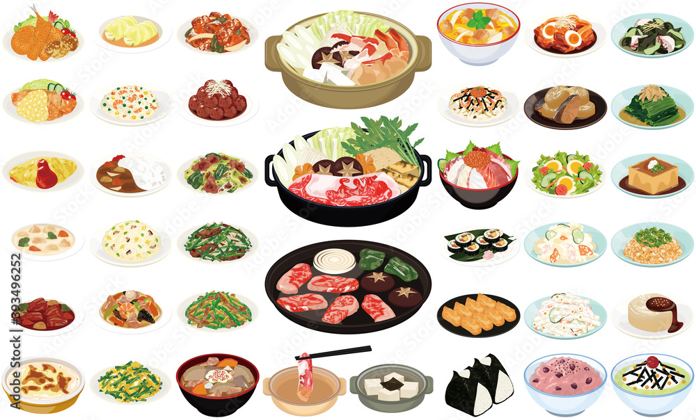 人気の家庭料理イラスト すき焼き 焼肉 カレーライス 豚汁 おにぎり