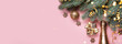 Christmas banner with fir branches and golden Christmas tree decorations