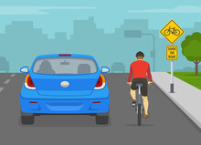 Driving A Car. Blue Suv Car Overtaking A Cyclist On The City Road. Share The Road Warning Traffic Sign. Flat Vector Illustration Template.