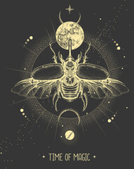 Wall Mural - Modern magic witchcraft card with moon and rhinoceros beetle. Hand drawing occult vector illustration