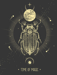 Wall Mural - Modern magic witchcraft card with moon and june beetle. Hand drawing occult vector illustration