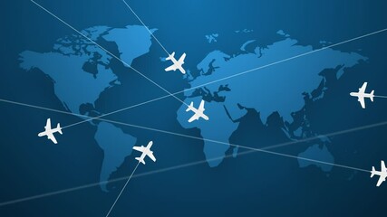 Wall Mural - airliners are flying around the world again. travel, business and industry concept. world map with a