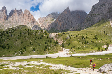 Wall Mural - mountainous landscape view with hikers on a trail